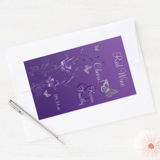 Paarse, zilveren vlinder bloemenwijn label Sticker (Envelop)