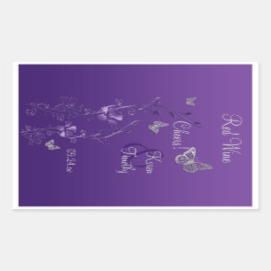 Paarse, zilveren vlinder bloemenwijn label Sticker