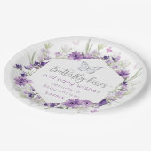 Paarse zilveren vlinder kussen baby shower papieren bordje (Gekanteld)