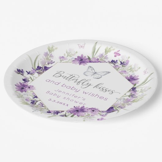 Paarse zilveren vlinder kussen baby shower papieren bordje (Gekanteld)