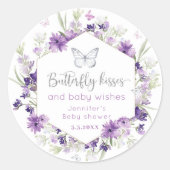 Paarse zilveren vlinder kussen baby shower ronde sticker (Voorkant)