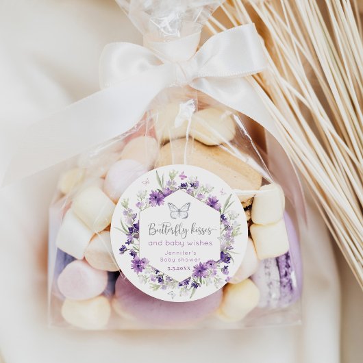Paarse zilveren vlinder kussen baby shower ronde sticker