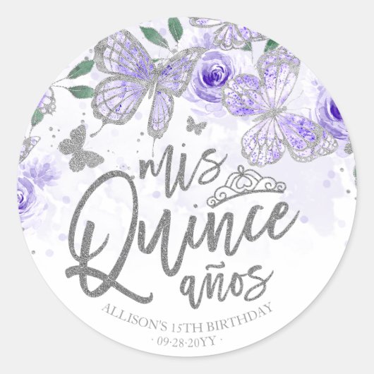 Paarse zilveren vlinder quinceanera ronde sticker (Voorkant)
