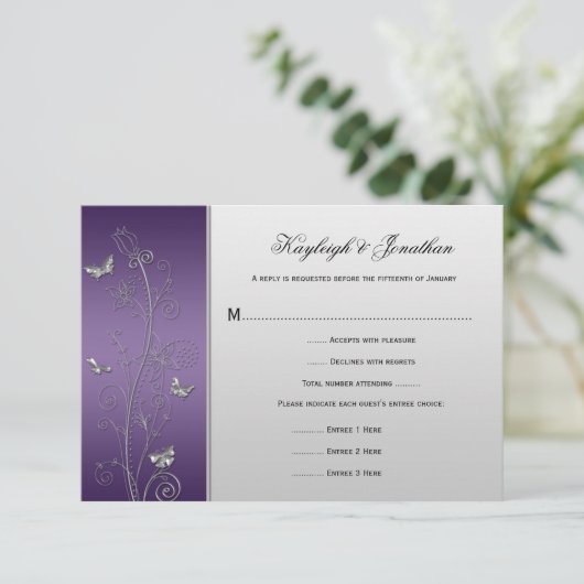 Paarse zilveren vlinderbloemigen RSVP (Staand voorkant)