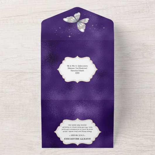 Paarse zilveren vlindergaard all in one uitnodiging (Buitenkant)