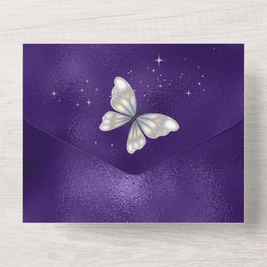 Paarse zilveren vlindergaard all in one uitnodiging (Achterkant)