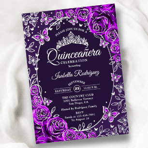 Paarse Zilveren Vlinders Rozen Quinceanera Folie Uitnodiging