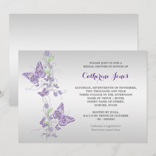 Paarse zilveren vlinderwerveling kaart (Voorkant / Achterkant)