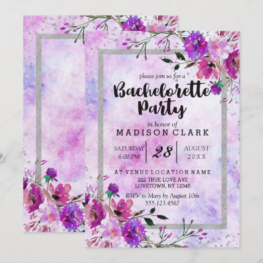 Paarse & Zilveren vrijgezellenfeest uitnodiging (Voorkant / Achterkant)