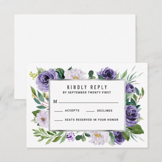Paarse Zilveren Waterverf Bloemen Bruiloft RSVP Ka (Voorkant / Achterkant)