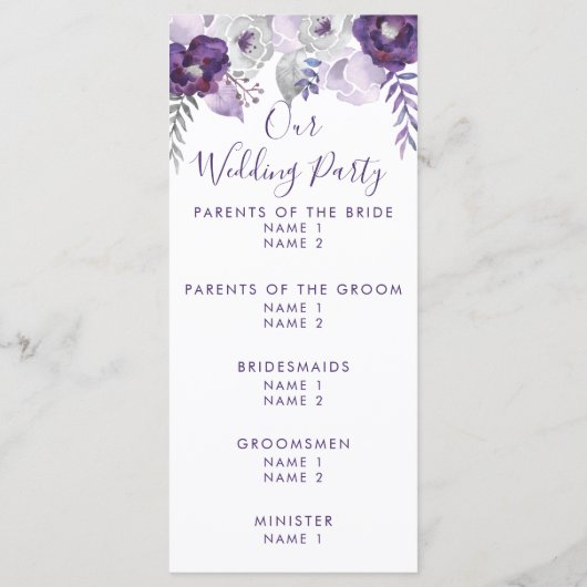 Paarse & Zilveren Waterverf Bloemen Huwelijk Progr Programmakaart (Achterkant)