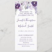 Paarse & Zilveren Waterverf Bloemen Huwelijk Progr Programmakaart (Voorkant)