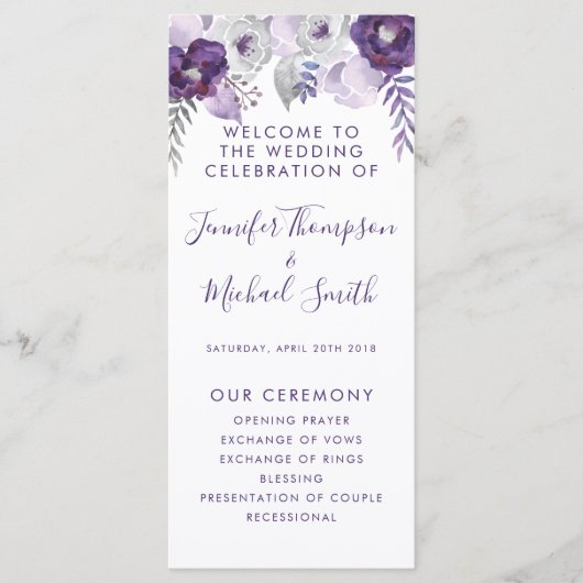 Paarse & Zilveren Waterverf Bloemen Huwelijk Progr Programmakaart (Voorkant)