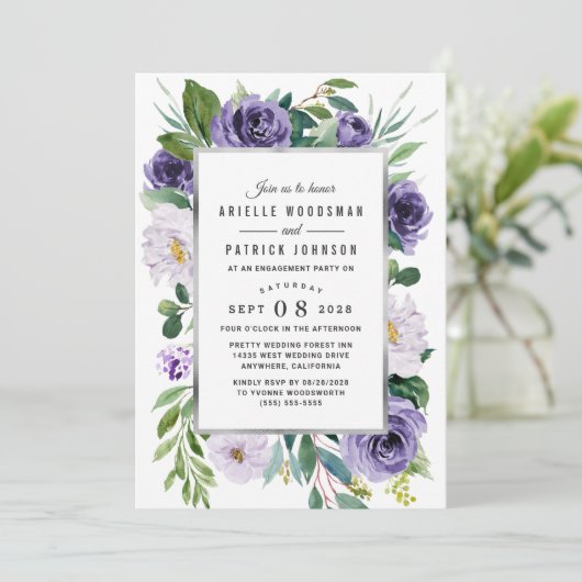 Paarse zilveren Waterverf bloemenverlovingsfeest Kaart (Staand voorkant)