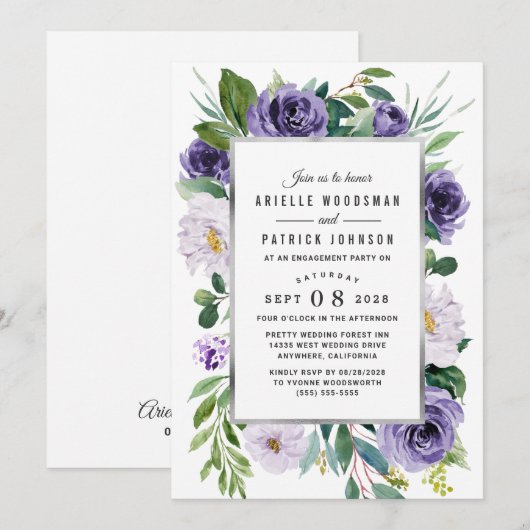 Paarse zilveren Waterverf bloemenverlovingsfeest Kaart (Voorkant / Achterkant)