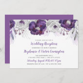 Paarse zilveren waterverf bloemige trouwreceptie kaart (Voorkant / Achterkant)