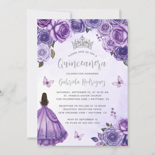 Paarse zilveren Waterverf Quinceañera Kaart (Voorkant)