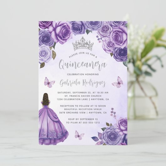 Paarse zilveren Waterverf Quinceañera Kaart (Staand voorkant)