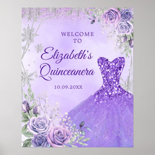 Paarse Zilveren Winter Bloemen Quinceañera Welkom Poster (Voorkant)