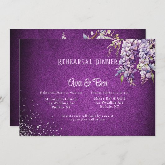 Paarse zilveren Wisteria repetitie dineruitnodigin Kaart (Voorkant / Achterkant)