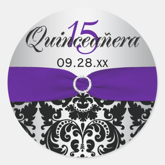 Paarse, zilveren, zwarte Damask Quinceanera Sticke Ronde Sticker (Voorkant)
