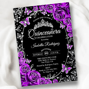 Paarse Zilveren Zwarte Rozen Quinceanera Folie Uitnodiging