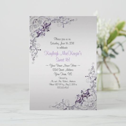 Paarse Zilveren Zwemelen op Zilver Sweet 16 Kaart (Staand voorkant)