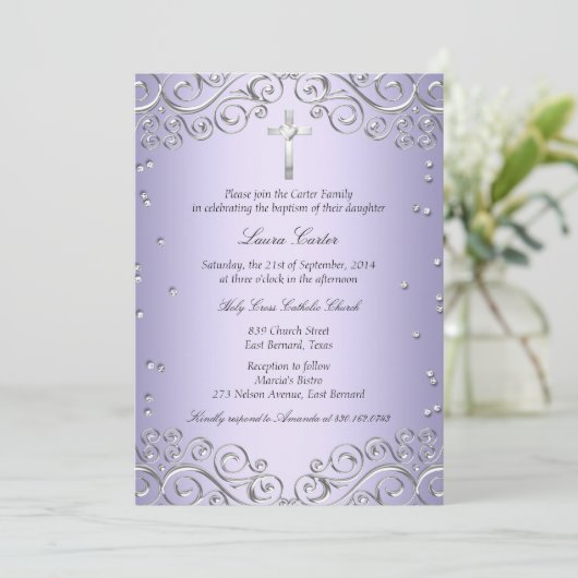 Paarse zilveren zwijn en kruisbaptisme kaart (Staand voorkant)