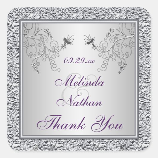 Paarse zilverfolie bloemige bruiloft gunst Sticker (Voorkant)