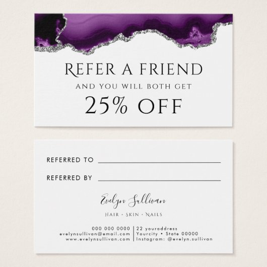 paarse zilverglitter Agate Referral-Kaart Visitekaartje (Voorkant /achterkant)