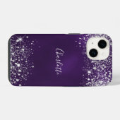 Paarse zilverglittermonogram iPhone hoesje (Achterkant horizontaal)