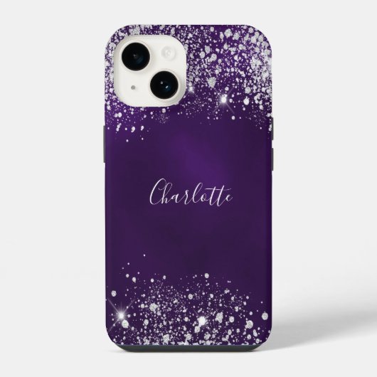 Paarse zilverglittermonogram iPhone hoesje (Achterkant)