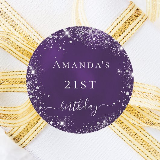 Paarse zilverglitternaam ronde sticker