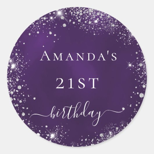 Paarse zilverglitternaam ronde sticker (Voorkant)