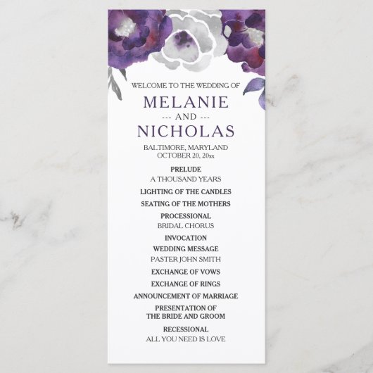 Paarse zilvergrijs bloemenhuwelijksprogramma, 3953 programmakaart (Voorkant)