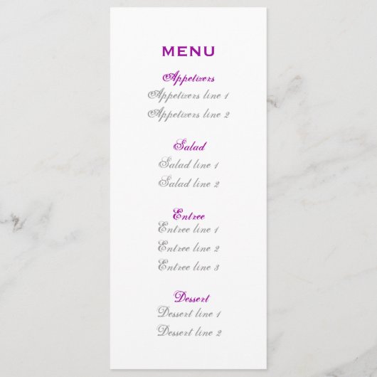 Paarse zilvergrijs sneeuwvlok bruiloft menukaart (Achterkant)