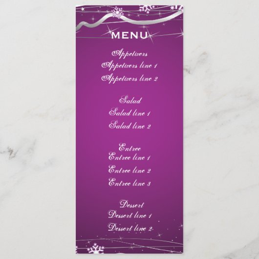 Paarse zilvergrijs sneeuwvlok bruiloft menukaart (Achterkant)