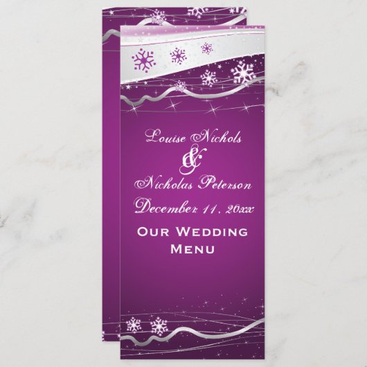 Paarse zilvergrijs sneeuwvlok bruiloft menukaart (Voorkant / Achterkant)