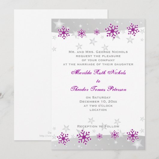 Paarse zilvergrijs sneeuwvlok huwelijksuitnodiging kaart (Voorkant / Achterkant)