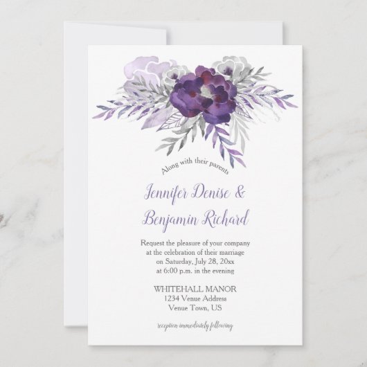 Paarse zilvergrijs Waterverf bloemen bruiloft | Kaart (Voorkant)