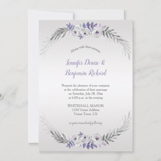Paarse zilvergrijs Waterverf bloemen bruiloft | Kaart (Voorkant)