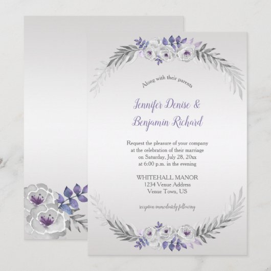 Paarse zilvergrijs Waterverf bloemen bruiloft | Kaart (Voorkant / Achterkant)