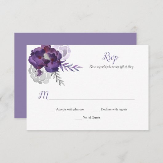 Paarse zilvergrijs Waterverf Rozen RSVP (Voorkant / Achterkant)