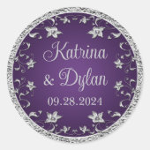 Paarse, zilvergrijze bloemenbruiloft ronde sticker (Voorkant)