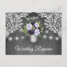 Paarse zilvergrijze Floral Rustic Jar Wedding RSVP Uitnodiging Briefkaart