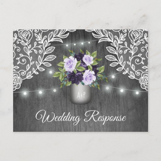 Paarse zilvergrijze Floral Rustic Jar Wedding RSVP Uitnodiging Briefkaart (Voorkant)