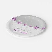 Paarse, zilvergrijze sneeuwvlok moderne bruiloft papieren bordje (Gekanteld)