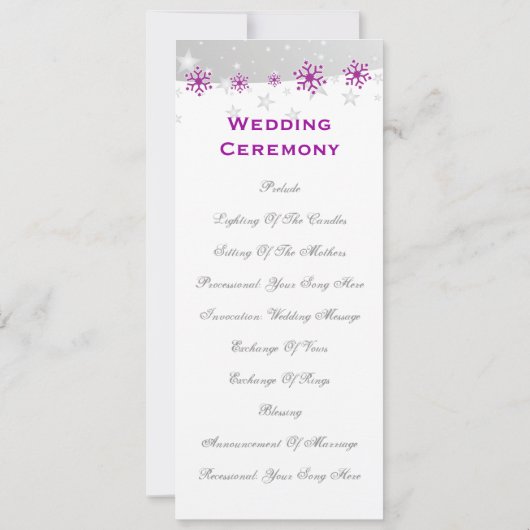 Paarse zilvergrijze sneeuwvlok voor het trouwprogr kaart (Achterkant)