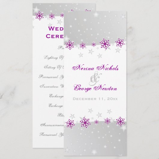 Paarse zilvergrijze sneeuwvlok voor het trouwprogr kaart (Voorkant / Achterkant)