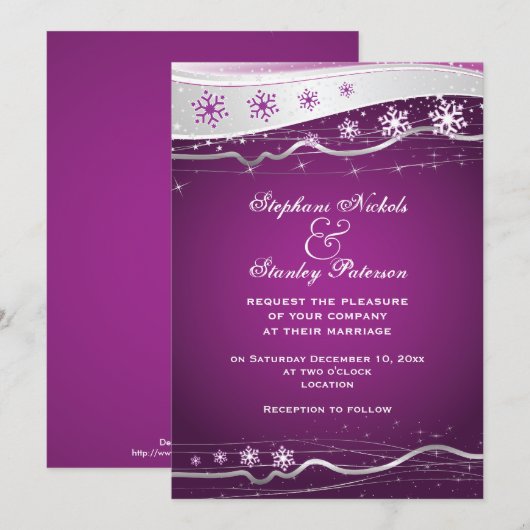 Paarse, zilvergrijze sneeuwvlok winterbruiloft kaart (Voorkant / Achterkant)